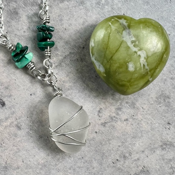 Seaglass + Malachite Crystal Chain Handmade Necklace - Picture 6 of 7
